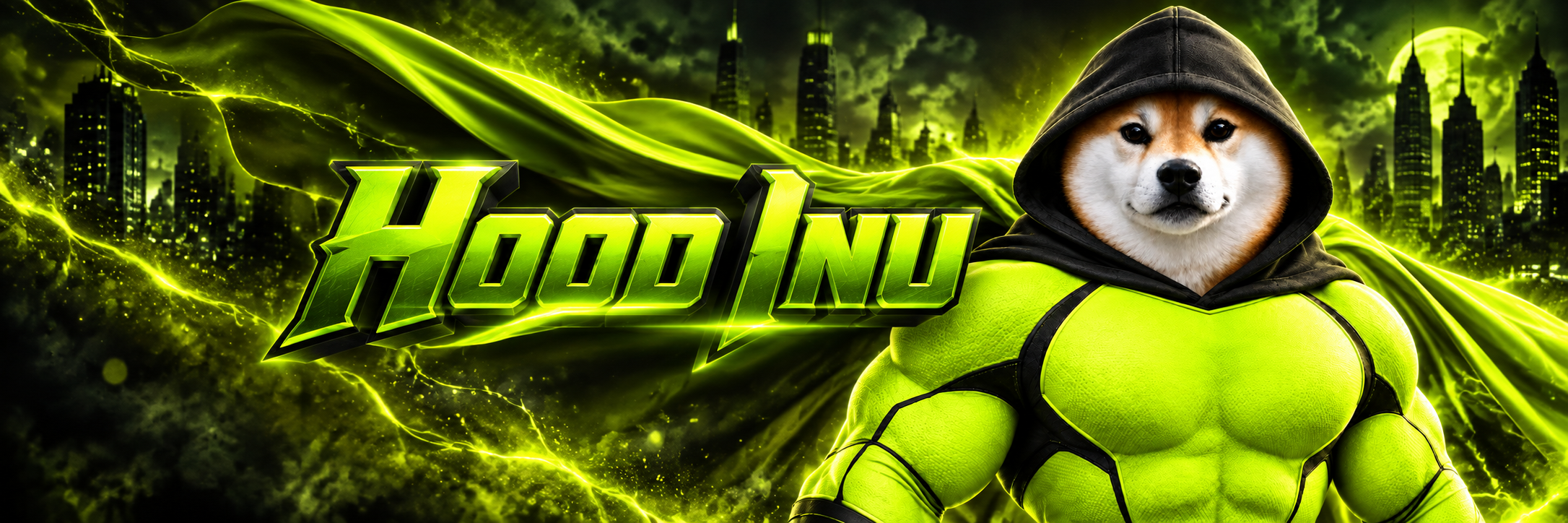 Hood Inu with a flowing lime cape over an emerald city skyline