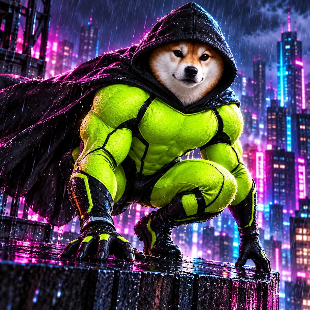 Hood Inu guarding a neon city rooftop in the rain