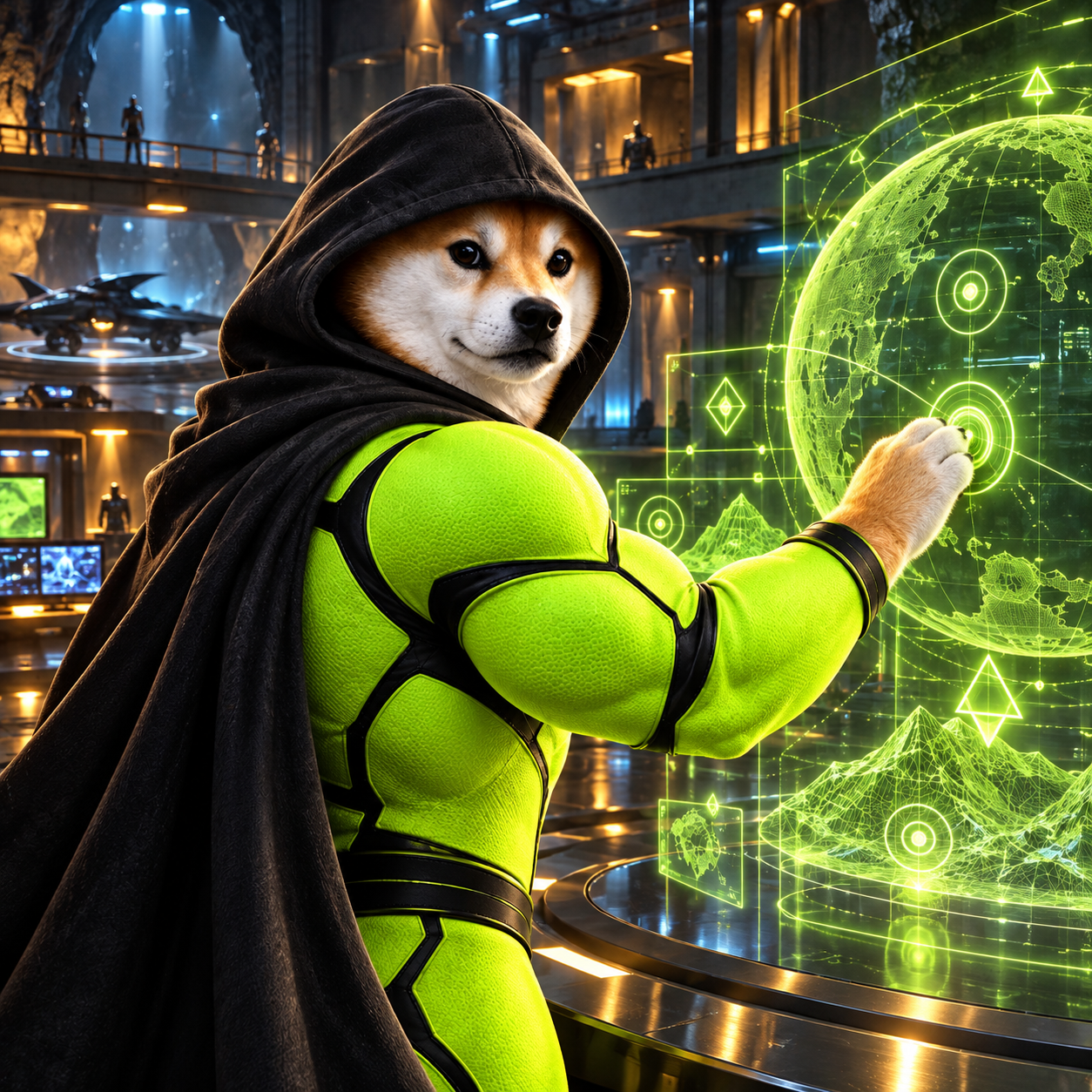 Hood Inu studying a holographic map in his secret headquarters